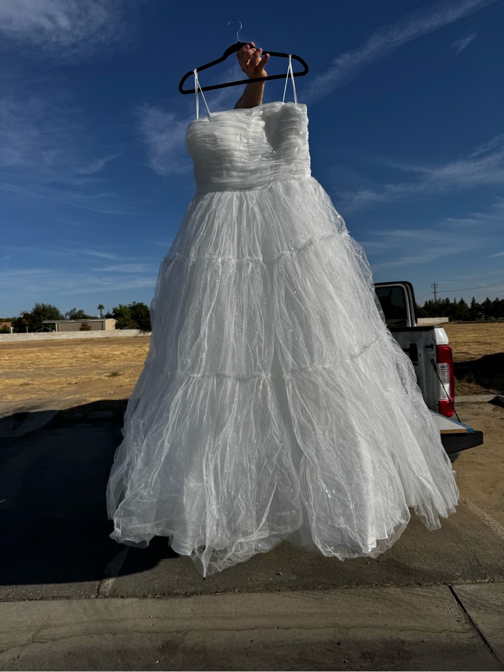 Adore White Glitter Tulle Ball Gown Dress - Spaghetti Straps